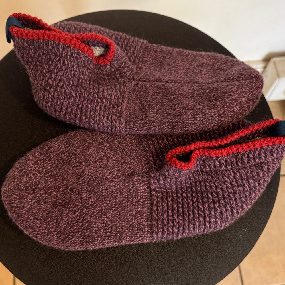 Cozy Purple Knit Slippers with Red Trim